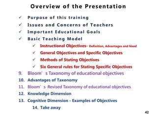 Overview of the Presentation
 P u r p o s e o f t h i s t r a i n i n g
 Issues and Concerns of Teach ers
 I m p o r t a n t E d u c a t i o n a l G o a l s
 B a s i c T e a c h i n g M o d e l
 Instructional Objectives- Definition, Advantages and Need
 General Objectives and Specific Objectives
 Methods of Stating Objectives
 Six General rules for Stating Specific Objectives
9. Bloom’s Taxonomy of educational objectives
10. Advantages of Taxonomy
11. Bloom’s Revised Taxonomy of educational objectives
12. Knowledge Dimension
13. Cognitive Dimension - Examples of Objectives
14. Take away
42
 