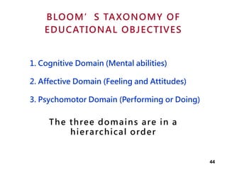 1. Cognitive Domain (Mental abilities)
2. Affective Domain (Feeling and Attitudes)
3. Psychomotor Domain (Performing or Doing)
The three domains are in a
hierarchical order
BLOOM’S TAXONOMY OF
EDUCATIONAL OBJECTIVES
44
 