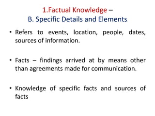 1.Factual Knowledge –
B. Specific Details and Elements
• Refers to events, location, people, dates,
sources of information.
• Facts – findings arrived at by means other
than agreements made for communication.
• Knowledge of specific facts and sources of
facts
 