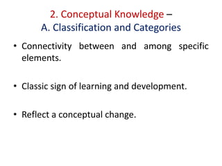 2. Conceptual Knowledge –
A. Classification and Categories
• Connectivity between and among specific
elements.
• Classic sign of learning and development.
• Reflect a conceptual change.
 