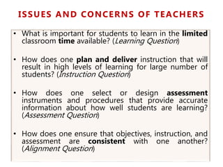 ISSUES AND CONCERNS OF TEACHERS
• What is important for students to learn in the limited
classroom time available? (Learning Question)
• How does one plan and deliver instruction that will
result in high levels of learning for large number of
students? (Instruction Question)
• How does one select or design assessment
instruments and procedures that provide accurate
information about how well students are learning?
(Assessment Question)
• How does one ensure that objectives, instruction, and
assessment are consistent with one another?
(Alignment Question)
 