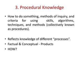 3. Procedural Knowledge
• How to do something, methods of inquiry, and
criteria for using skills, algorithms,
techniques, and methods (collectively known
as procedures).
• Reflects knowledge of different “processes”.
• Factual & Conceptual - Products
• HOW?
 