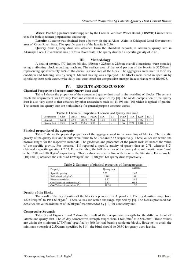 Structural Properties of Laterite Quarry Dust Cement Blocks