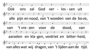 Eens komt de grote zomer
waarin zich ‘t hart verblijdt.
God zal op aarde komen
met groene eeuwigheid.
De hemel en de aarde
wordt stralende en puur.
God zal zich openbaren
in heel zijn creatuur.
Ook ons zal God verlossen
uit alle pijn en nood,
van ‘t woeden van de boze,
van ‘t vrezen voor de dood,
van aarzelen en klagen,
verdriet en bitterheid,
van alles wat wij dragen,
van ‘t lijden aan de tijd.
 