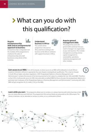 (* Subject to final approval by the SA Council on Higher Education)
What can you do with
this qualification?
Entrepreneurship is integrated in all
the modules of this programme to
emphasise the value of
entrepreneurship and small
businesses as key drivers of the
economy.
The content of this
programme is focused on
Africa and those wishing to do
business on the African continent
with support structures in Africa.
This programme covers the
general skills and know-how you
need to manage in an organisation
or your own business. This includes
managerial accounting, human
capital management to
sustainability, operations,
marketing management and
other modules.
From 2016 onwards, no direct access to an MBA will be allowed at a South African
academic institution without an appropriate four-year degree or postgraduate qualification. This is due to changes
in South African higher education regulations. USB’s Postgraduate Diploma in Business Management and
Administration* contains the essence of the learning assumed to be in place to complete the new 180-credit MBA. Therefore,
as from 2016, it will provide access to USB’s internationally accredited MBA for those who pass this postgraduate diploma at a
particular level. Graduates of the Postgraduate Diploma in Business Management and Administration* continuing with USB’s
MBA will get recognition for 32 credits (15%) on the MBA.
This programme allows you to combine on-campus learning with online learning so that
you can study while you work full-time. The programme’s first and last blocks are presented on the USB campus. The
classes in between can be attended on campus or online, or as a combination of both.
08 L E A D I N G B U S I N E S S S C H O O L
 