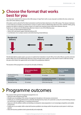 (* Subject to final approval by the SA Council on Higher Education)
You may opt to attend all the classes on the USB campus in Cape Town north, or you may opt to combine the class contact ses-
sions with online delivery modes.
All students need to attend the first block (orientation) and the last block (electives) on the USB campus. The classes in between,
i.e. from February to October, are presented on campus as well as online on Wednesday afternoons (from 16:00 till 19:00), giving
students the option to attend on-campus classes or to watch live-streamed classes online from wherever they are.
Students can choose to do the Wednesday afternoon classes in one of the following ways:
The blended delivery option opens up access to students from elsewhere in South Africa, from other African countries and even
further afield. If you do the Wednesday afternoon classes through online studies, you only need to travel to USB twice during
the year, which lowers the opportunity cost to obtain this postgraduate diploma.
Programme outcomes
The purpose of this general management programme is to:
-
tice and to learn via application in a working environment
environment
operate
Residential learning
(on campus)
Mixed learning
(on campus + online)
Blended learning
On campus
On campus
On campus
On campus
Combination of on-campus
and online learning
Online learning only
On campus
On campus
On campus
The duration of the programme is one year for all modes of delivery.
Residential Mixed Blended
O V E R V I E W | 11
 