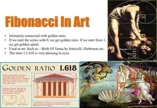 Fibonacci In Art
Birth of Venus
Sandro Botticelli
67.9 in × 109.6 in
• Intimately connected with golden ratio.
• If we start the series with 0, we get golden ratio. If we start from 1,
we get golden spiral.
• Used in art. Such as – Birth Of Venus by botticelli, Parthenon etc.
• The ratio 1:1.618 is very pleasing to eyes.
 