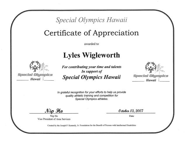 special olympics certificate of appreciation