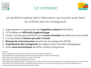 1. Augmentation et reproduction des inégalités scolaires (PISA 2013)
2. 15 % d’élèves en difficulté d’apprentissage
3. France : l’un des pays de l’OCDE où le niveau d’anxiété des élèves est le plus élevé
4. 21 % des élèves n’aiment pas aller à l’école
5. Manque de reconnaissance ressenti par les enseignants (OCDE)
6. Insatisfaction des enseignants par rapport à leur formation pédagogique
7. Coûts socio-économiques de l’échec scolaire à long terme
Le contexte
Un profond malaise dans l’éducation, qui touche aussi bien
les enfants que les enseignants
Sources
http://www.gouvernement.fr/action/la-lutte-contre-les-inegalites-scolaires
http://www.ladocumentationfrancaise.fr/var/storage/rapports-publics/114000564.pdf
http://www.oecd.org/france/PISA-2012-results-france.pdf
http://www.oecd.org/fr/els/famille/44361091.pdf
http://www.oecd.org/fr/presse/les-enseignants-aiment-leur-travail-mais-ne-se-sentent-pas-consideres-soutenus-et-reconnus.htm
OECD (2014), TALIS 2013 Results: An International Perspective on Teaching and Learning, TALIS, OECD Publishing, Paris
http://www.highscope.org/Content.asp?ContentId=282
 
