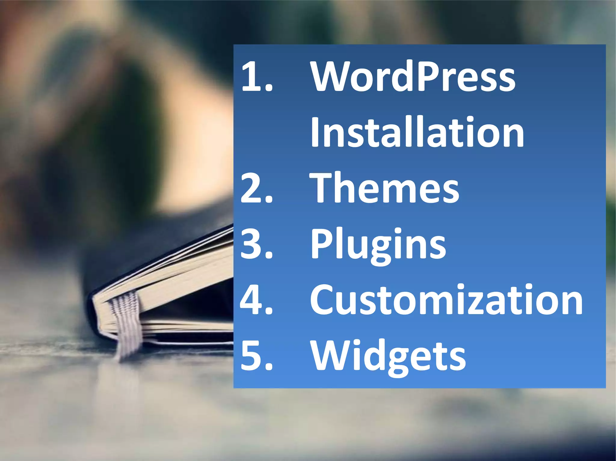1. WordPress
Installation
2. Themes
3. Plugins
4. Customization
5. Widgets
 
