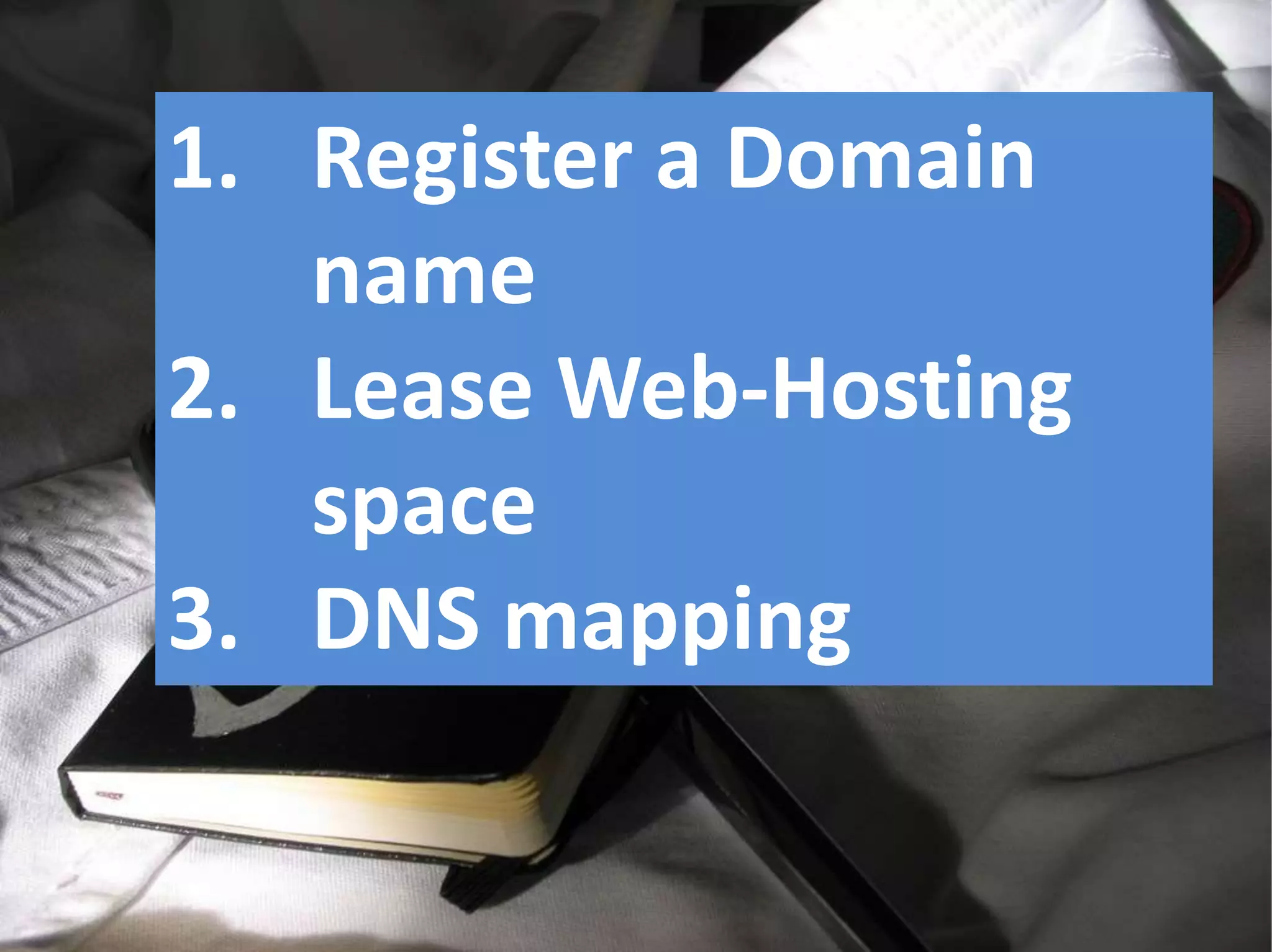 1. Register a Domain
name
2. Lease Web-Hosting
space
3. DNS mapping
 