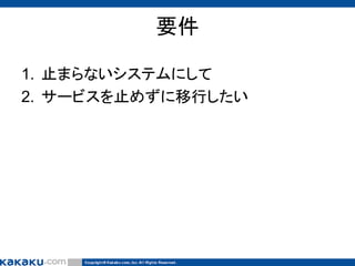 要件
1. 止まらないシステムにして
2. サービスを止めずに移行したい

 