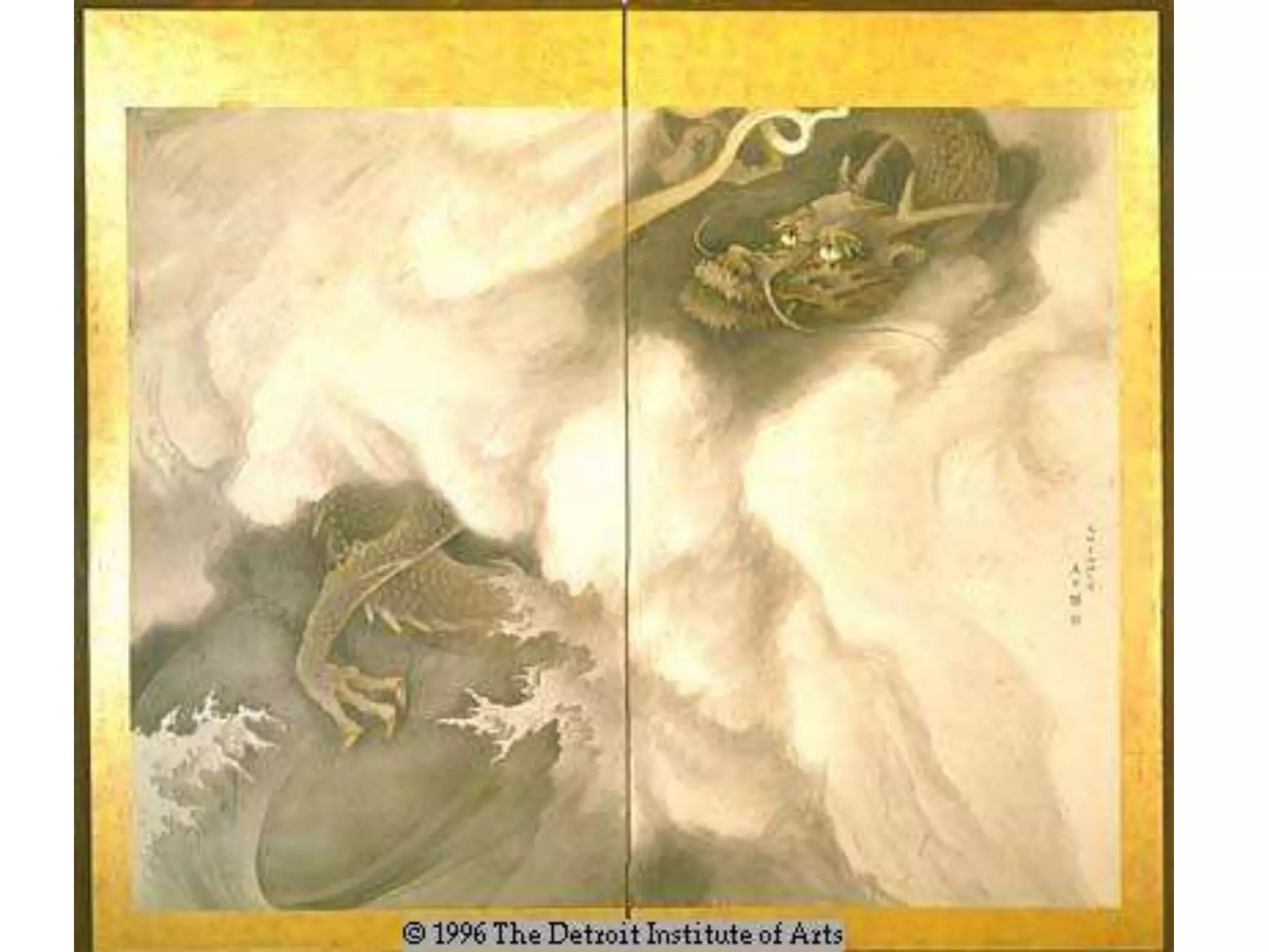 34
• Okyo's Peacocks and Peonies is an outstanding example of
his synthesis of naturalism with elements of Kano painting and
a type of Chinese painting one might call "decorative
naturalism.“
• The combination of rich detail, brilliant colors, and naturalistic
modeling appealed to urban sensibilities.
• His The Dragon Screen, although more imaginative, is more
subtle and monochromatic in style.
 