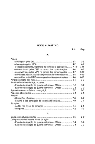 ÍNDICE ALFABÉTICO 
Prf Pag 
A 
Ações 
- abrangidas pela GE .......................................................... 2-7 2-6 
- abrangidas pelas MEA ...................................................... 4-2 4-2 
- de reconhecimento, vigilância de combate e segurança ....... 7-14 7-11 
- desenvolvidas pelas CME no campo das comunicações ...... 4-4 4-9 
- desenvolvidas pelas MPE no campo das comunicações ...... 4-7 4-16 
- envolvidas pelas CME no campo das não-comunicações ..... 4-5 4-13 
- envolvidas pelas MPE no campo das não-comunicações ..... 4-8 4-18 
Ampla utilização dos meios ..................................................... 3-4 3-2 
Análise das linhas de ação opostas 
- Estudo de situação de guerra eletrônica – 1ª fase ............... C-3 C-4 
- Estudo de situação de guerra eletrônica – 2ª fase ............... D-3 D-2 
Aproveitamento do êxito e perseguição ..................................... 7-7 7-5 
Aspectos observados .............................................................. E-4 E-1 
Ataque 
- Operações ofensivas ........................................................ 7-6 7-4 
- noturno e sob condições de visibilidade limitada .................. 7-9 7-7 
Atuação 
- da GE nos níveis de comando ........................................... 2-4 2-4 
- integrada ......................................................................... 7-2 7-2 
C 
Campos de atuação da GE ...................................................... 2-5 2-5 
Comparação das nossas linhas de ação 
- Estudo de situação de guerra eletrônica – 1ª fase ............... C-4 C-4 
- Estudo de situação de guerra eletrônica – 2ª fase ............... D-4 D-2 
 