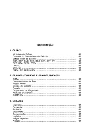 DISTRIBUIÇÃO 
1. ÓRGÃOS 
Ministério da Defesa ....................................................................... 01 
Gabinete do Comandante do Exército ............................................. 01 
Estado-Maior do Exército................................................................ 15 
DGP, DEP, DMB, DEC, DGS, SEF, SCT, STI ................................. 01 
DEE, DFA, DEPA, CTEx ................................................................ 02 
DMCE ............................................................................................ 01 
DMAvEx ........................................................................................ 01 
SGEx, CIE, C Com SEx ................................................................. 01 
2. GRANDES COMANDOS E GRANDES UNIDADES 
COTer ........................................................................................... 03 
Comando Militar de Área ................................................................ 01 
Região Militar ................................................................................. 01 
Divisão de Exército ........................................................................ 01 
Brigada .......................................................................................... 01 
Grupamento de Engenharia ............................................................ 02 
Artilharia Divisionária ...................................................................... 01 
COMAvEx ..................................................................................... 02 
3. UNIDADES 
Infantaria ....................................................................................... 01 
Cavalaria ....................................................................................... 01 
Artilharia ........................................................................................ 01 
Engenharia .................................................................................... 01 
Comunicações ............................................................................... 01 
Logística ........................................................................................ 01 
Forças Especiais ............................................................................ 02 
Aviação ......................................................................................... 01 
 