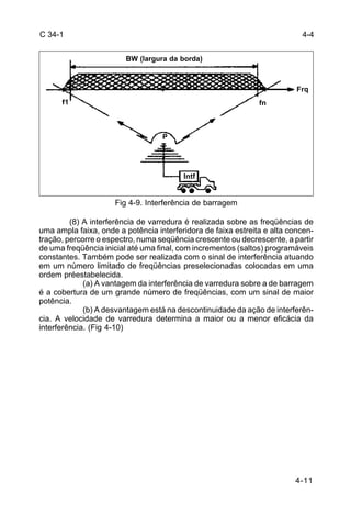 4-11 
C 34-1 
Fig 4-9. Interferência de barragem 
(8) A interferência de varredura é realizada sobre as freqüências de 
uma ampla faixa, onde a potência interferidora de faixa estreita e alta concen-tração, 
percorre o espectro, numa seqüência crescente ou decrescente, a partir 
de uma freqüência inicial até uma final, com incrementos (saltos) programáveis 
constantes. Também pode ser realizada com o sinal de interferência atuando 
em um número limitado de freqüências preselecionadas colocadas em uma 
ordem préestabelecida. 
(a) A vantagem da interferência de varredura sobre a de barragem 
é a cobertura de um grande número de freqüências, com um sinal de maior 
potência. 
(b) A desvantagem está na descontinuidade da ação de interferên-cia. 
A velocidade de varredura determina a maior ou a menor eficácia da 
interferência. (Fig 4-10) 
4-4 
BW (largura da borda) 
f1 
P 
fn 
Frq 
Intf 
 
