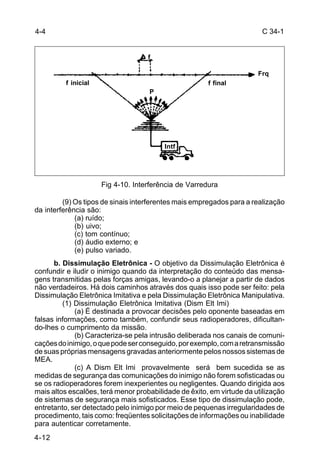 C 34-1 
4-4 
4-12 
f 
Intf 
P 
f final 
Fig 4-10. Interferência de Varredura 
f inicial 
Frq 
(9) Os tipos de sinais interferentes mais empregados para a realização 
da interferência são: 
(a) ruído; 
(b) uivo; 
(c) tom contínuo; 
(d) áudio externo; e 
(e) pulso variado. 
b. Dissimulação Eletrônica - O objetivo da Dissimulação Eletrônica é 
confundir e iludir o inimigo quando da interpretação do conteúdo das mensa-gens 
transmitidas pelas forças amigas, levando-o a planejar a partir de dados 
não verdadeiros. Há dois caminhos através dos quais isso pode ser feito: pela 
Dissimulação Eletrônica Imitativa e pela Dissimulação Eletrônica Manipulativa. 
(1) Dissimulação Eletrônica Imitativa (Dism Elt Imi) 
(a) É destinada a provocar decisões pelo oponente baseadas em 
falsas informações, como também, confundir seus radioperadores, dificultan-do- 
lhes o cumprimento da missão. 
(b) Caracteriza-se pela intrusão deliberada nos canais de comuni-cações 
do inimigo, o que pode ser conseguido, por exemplo, com a retransmissão 
de suas próprias mensagens gravadas anteriormente pelos nossos sistemas de 
MEA. 
(c) A Dism Elt Imi provavelmente será bem sucedida se as 
medidas de segurança das comunicações do inimigo não forem sofisticadas ou 
se os radioperadores forem inexperientes ou negligentes. Quando dirigida aos 
mais altos escalões, terá menor probabilidade de êxito, em virtude da utilização 
de sistemas de segurança mais sofisticados. Esse tipo de dissimulação pode, 
entretanto, ser detectado pelo inimigo por meio de pequenas irregularidades de 
procedimento, tais como: freqüentes solicitações de informações ou inabilidade 
para autenticar corretamente. 
 