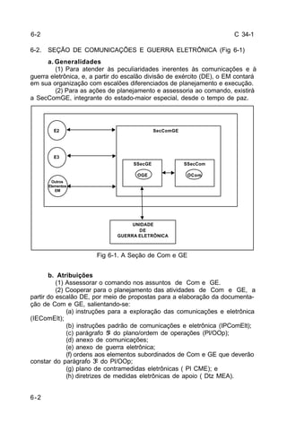 C 34-1 
6-2. SEÇÃO DE COMUNICAÇÕES E GUERRA ELETRÔNICA (Fig 6-1) 
6-2 
a. Generalidades 
(1) Para atender às peculiaridades inerentes às comunicações e à 
guerra eletrônica, e, a partir do escalão divisão de exército (DE), o EM contará 
em sua organização com escalões diferenciados de planejamento e execução. 
(2) Para as ações de planejamento e assessoria ao comando, existirá 
a SecComGE, integrante do estado-maior especial, desde o tempo de paz. 
SecComGE 
SSecGE 
OGE 
Fig 6-1. A Seção de Com e GE 
b. Atribuições 
(1) Assessorar o comando nos assuntos de Com e GE. 
(2) Cooperar para o planejamento das atividades de Com e GE, a 
partir do escalão DE, por meio de propostas para a elaboração da documenta-ção 
de Com e GE, salientando-se: 
(a) instruções para a exploração das comunicações e eletrônica 
(IEComElt); 
(b) instruções padrão de comunicações e eletrônica (IPComElt); 
(c) parágrafo 5º do plano/ordem de operações (Pl/OOp); 
(d) anexo de comunicações; 
(e) anexo de guerra eletrônica; 
(f) ordens aos elementos subordinados de Com e GE que deverão 
constar do parágrafo 3º do Pl/OOp; 
(g) plano de contramedidas eletrônicas ( Pl CME); e 
(h) diretrizes de medidas eletrônicas de apoio ( Dtz MEA). 
E2 
E3 
Outros 
Elementos 
EM 
SSecCom 
OCom 
UNIDADE 
DE 
GUERRA ELETRÔNICA 
6-2 
 