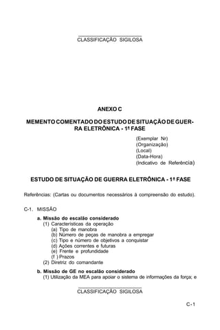 C-1 
C 34-1 
_______________________ 
CLASSIFICAÇÃO SIGILOSA 
ANEXO C 
MEMENTO COMENTADO DO ESTUDO DE SITUAÇÃO DE GUER-RA 
ELETRÔNICA - 1ª FASE 
(Exemplar Nr) 
(Organização) 
(Local) 
(Data-Hora) 
(Indicativo de Referência) 
ESTUDO DE SITUAÇÃO DE GUERRA ELETRÔNICA - 1ª FASE 
Referências: (Cartas ou documentos necessários à compreensão do estudo). 
C-1. MISSÃO 
a. Missão do escalão considerado 
(1) Características da operação 
(a) Tipo de manobra 
(b) Número de peças de manobra a empregar 
(c) Tipo e número de objetivos a conquistar 
(d) Ações correntes e futuras 
(e) Frente e profundidade 
(f ) Prazos 
(2) Diretriz do comandante 
b. Missão de GE no escalão considerado 
(1) Utilização da MEA para apoiar o sistema de informações da força; e 
_______________________ 
CLASSIFICAÇÃO SIGILOSA 
 