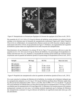   17
Figure 8: Nanoparticules ne formant pas d'agrégats (ii) formant des agrégats (iii) (Chou et coll., 2013).
Des quantités de 4.2, 8.4, 16.8 et 21.0 mg de chlorure de berbérine seront ajoutées à la solution d’acide
acétique et de chitosane pour la formation de nanoparticules renfermant l’agent actif. Selon l’étude de
Chou et de ses collaborateurs, les nanoparticules obtenues auront une taille moyenne comprise approxi-
mativement entre 60 et 110 nm, tel que présenté à la Figure 9. D'ailleurs, une augmentation de la quantité
de berbérine ajoutée induit une augmentation de la taille moyenne des nanoparticules.
	
  
Deuxièmement, tel que démontré à la colonne EE de la Figure 9 (encapsulation efficiency), pour des
quantités de 4.2, 8.4, 16.8 et de 21.0 mg de chlorure de berbérine, les pourcentages d’encapsulation at-
tendus sont d'environ 10 à 11%. D'ailleurs, il est possible de constater qu'une relation de variation inverse
est présente entre la quantité de berbérine ajoutée et le pourcentage d’encapsulation (Chou et coll., 2013).
	
  
	
  
Figure 9: Propriétés des nanoparticules selon les quantités de berbérine ajoutées (Chou et coll., 2013).
	
  
En ce qui concerne la cinétique de libération de la berbérine, les résultats de la littérature indiquent que
les nanoparticules préparées avec 8.4 mg et 16.8 mg de berbérine profitent d'une libération rapide dans
les 24h suivant leur préparation (effet « burst »). En effet, dans le PBS à 37°C et à un pH de 7.4, plus de
65% de la berbérine est relâchée dans cet intervalle de temps pour les nanoparticules à 16.8 mg et 52,85%
est relâchée pour les nanoparticules à 8.4 mg (Figure	
  10). La libération s'est ensuite poursuivie de manière
pratiquement constante sur trois jours. Les résultats montrent également que la cinétique de libération
des nanoparticules contenant 4.2 mg de chlorure de berbérine est significativement plus lente que celle
des précédentes.
 