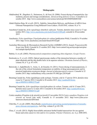   24
Médiagraphie
Abdelwahed, W., Degobert, G., Stainmesse, S., & Fessi, H. (2006). Freeze-drying of nanoparticles: for-
mulation, process and storage considerations. Advanced drug delivery reviews. Consulté le 22
octobre 2015. http://www.sciencedirect.com/science/article/pii/S0169409X06001840
Abdul Ghafoor Raja, M. et coll. (2015).  Stability, Intracellular Delivery, and Release of siRNA from
Chitosan Nanoparticles Using Different Cross-Linkers. PLOS ONE, volume 10, n° 6.
Anechmia Canada Inc, fiche signalétique diméthyle sulfoxyde, Toronto, dernière mise à jour le 17 sep-
tembre 2013, http://www.anachemia.com/msds/french/6180f.pdf, consulté le 20 novembre
2015
Anachemia. Fiche signalétique Tripolyphosphate de sodium [publication Web]. Consulté le 19 octobre
2015. http://www.anachemia.com/msds/french/8552f.pdf
Australian Microscopy & Microanalysis Research Facility (AMMRF) (2012), Sample Preparation|My
Scope [site Web]. Consulté le 21 octobre 2015. http://www.ammrf.org.au/myscope/sem/prac-
tice/sample/#prettyPhoto
Bahrke, S. et coll. (2003). Pharmaceutical composition comprising chito-oligomers. Google Patents.
Bashmakova, N. et coll. (2009). Optical spectroscopy studies of the interaction between a number of
plant alkaloids and the dna double helix in an aqueous solution. Ukrainian Journal of Physics,
volume 54, n° 5, p. 471-479.
Beirowski, J., Inghelbrecht, S., Arien, A., & Gieseler, H. (2011). Freeze drying of nanosuspensions, 2:
the role of the critical formulation temperature on stability of drug nanosuspensions and its
practical implication on process design. Journal of pharmaceutical sciences. Consulté le 22
octobre 2015. http://onlinelibrary.wiley.com/doi/10.1002/jps.22634/pdf
Brenntag Canada Inc, Fiche signalétique acide acétique, Toronto, créé le 17 janvier 2014, dernière mise
à jour le 17 janvier 2014. Consulté le 20 octobre 2015. http://candmz04.brenn-
tag.ca/MSDS/Fr/00062279.pdf
Brenntag Canada Inc, fiche signalétique tripolyphosphate de sodium, Toronto, créé le 12 mars 2013,
dernière mise à jour le 12 mars 2013. Consulté le 20 octobre 2015. http://candmz04.brenn-
tag.ca/MSDS/Fr/00060722.pdf
Centre canadien d’hygiène et de sécurité au travail (13 novembre 2015) Centre canadien d’hygiène et de
sécurité au travail [site web]. Consulté le 15 novembre 2015. http://www.cchst.ca/os-
hanswers/chemicals/ld50.html
Chih-Hui, Y. et coll. (2009). Microfluidic emulsification and sorting assisted preparation of monodis-
perse chitosan microparticles. Lab Chip, volume 9, p.145-150.
	
  
Chou, C. et coll. (2013). Highly bioavailable anticancer herbal-loaded nanocarriers for use against
breast and colon cancer in vitro and in vivo systems. Polymer Chemistry, no. 4, p. 2040-2052.
 