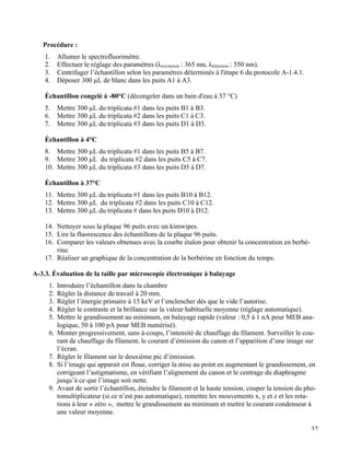   37
Procédure :
1.   Allumer le spectrofluorimètre.
2.   Effectuer le réglage des paramètres (λexcitation : 365 nm, λémission : 550 nm).
3.   Centrifuger l’échantillon selon les paramètres déterminés à l'étape 6 du protocole A-1.4.1.
4.   Déposer 300 µL de blanc dans les puits A1 à A3.
Échantillon congelé à -80°C (décongeler dans un bain d'eau à 37 °C)
5.   Mettre 300 µL du triplicata #1 dans les puits B1 à B3.
6.   Mettre 300 µL du triplicata #2 dans les puits C1 à C3.
7.   Mettre 300 µL du triplicata #3 dans les puits D1 à D3.
Échantillon à 4°C
8.   Mettre 300 µL du triplicata #1 dans les puits B5 à B7.
9.   Mettre 300 µL du triplicata #2 dans les puits C5 à C7.
10.   Mettre 300 µL du triplicata #3 dans les puits D5 à D7.
Échantillon à 37°C
11.   Mettre 300 µL du triplicata #1 dans les puits B10 à B12.
12.   Mettre 300 µL du triplicata #2 dans les puits C10 à C12.
13.   Mettre 300 µL du triplicata # dans les puits D10 à D12.
14.   Nettoyer sous la plaque 96 puits avec un kimwipes.
15.   Lire la fluorescence des échantillons de la plaque 96 puits.
16.   Comparer les valeurs obtenues avec la courbe étalon pour obtenir la concentration en berbé-
rine.
17.   Réaliser un graphique de la concentration de la berbérine en fonction du temps.
A-3.3. Évaluation de la taille par microscopie électronique à balayage
1.   Introduire l’échantillon dans la chambre
2.   Régler la distance de travail à 20 mm.
3.   Régler l’énergie primaire à 15 keV et l’enclencher dès que le vide l’autorise.
4.   Régler le contraste et la brillance sur la valeur habituelle moyenne (réglage automatique).
5.   Mettre le grandissement au minimum, en balayage rapide (valeur : 0,5 à 1 nA pour MEB ana-
logique, 50 à 100 pA pour MEB numérisé).
6.   Monter progressivement, sans à-coups, l’intensité de chauffage du filament. Surveiller le cou-
rant de chauffage du filament, le courant d’émission du canon et l’apparition d’une image sur
l’écran.
7.   Régler le filament sur le deuxième pic d’émission.
8.   Si l’image qui apparait est floue, corriger la mise au point en augmentant le grandissement, en
corrigeant l’astigmatisme, en vérifiant l’alignement du canon et le centrage du diaphragme
jusqu’à ce que l’image soit nette.
9.   Avant de sortir l’échantillon, éteindre le filament et la haute tension, couper la tension du pho-
tomultiplicateur (si ce n’est pas automatique), remettre les mouvements x, y et z et les rota-
tions à leur « zéro », mettre le grandissement au minimum et mettre le courant condenseur à
une valeur moyenne.
 