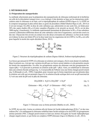   7
2. MÉTHODOLOGIE	
  
2.1 Préparation des nanoparticules
La méthode sélectionnée pour la préparation des nanoparticules de chitosane renfermant de la berbérine
est celle de la réticulation ionique (ionic cross-linking). Cette dernière se base sur les interactions molé-
culaires entre le chitosane et un liant, soit le tripolyphosphate de sodium (STPP) (Figure	
  2). Le STPP est
le composé inorganique le plus utilisé dans ce genre de procédure (Abdul Ghafoor Raja et coll., 2015) et
il est non toxique. En effet, la dose de cette substance qui, administrée en une seule fois, est létale pour
50% des sujets étudiés (DL50) (Centre canadien d'hygiène et de sécurité au travail, 2015), est de plus
3000 mg/kg. (Anachemia). La méthode expérimentale permettant de déterminer la DL50 d’une substance
consiste à administrer différentes doses de cette substance à des lots d’organismes, souvent des souris ou
des rats. Chacun des lots est mis en contact avec des doses croissantes de substance. Le but est de mettre
en évidence la dose non létale (0%) et la dose tuant tous les organismes du lot (100%). La DL50 est celle
pour laquelle la moitié des sujets décèdent (Stora, 2013).
Figure 2: Structure du tripolyphosphate de sodium (Sigma-Aldrich, Sodium tripolyphosphate).
Les forces qui unissent le STPP et le chitosane en solution sont ioniques, d'où le nom donné à la méthode.
Dans le présent cas, c'est par une variation de pH que ces forces seront induites et cela permettra ensuite
de former des nanoparticules. En effet, les groupements amines du chitosane sont des groupements ba-
siques (pKa = 6,5) pouvant se protoner en solution acide (pH < pKa). Ainsi, en solubilisant le chitosane
dans une solution d'acide acétique (éq. 1), il est possible de l'obtenir sous une forme chargée positivement
(éq. 2) (Rinaudo et coll., 1999). Cependant, pour s'assurer que la forme majoritaire qui est présente dans
la solution soit celle qui est protonée (Figure	
  3), la solution d'acide acétique doit avoir un pH maximal de
5,5 soit une unité de pH sous le pKa du chitosane.
CH#COOH +	
  H'O ⇆ CH#COO)
+ H#O*
(éq. 1)
Chitosane − NH' + H#O*
⇄ Chitosane − NH#
*
+ H'O (éq. 2)
Figure 3: Chitosane sous sa forme protonée (Bahrke et coll., 2003).
Le STPP, de son côté, s'ionise en solution afin de former de l'acide triphosphorique (P3O10
5-
) et des ions
sodium (Na+
). En mélangeant le chitosane solubilisé dans l'acide acétique avec du STPP, les groupements
amines protonés (NH3
+
) chargés positivement se lient aux atomes d'oxygène de l'acide triphosphorique
chargés négativement, ce qui forme un complexe STPP/chitosane (Figure	
  4) (Martins et coll., 2012).
 