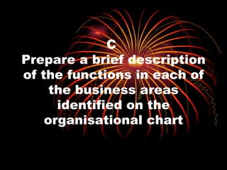 C  Prepare a brief description of the functions in each of the business areas identified on the organisational chart 