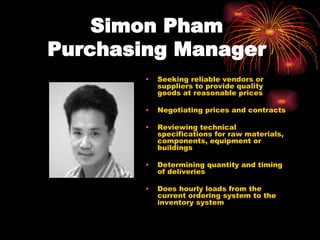 Simon Pham  Purchasing Manager   Seeking reliable vendors or suppliers to provide quality goods at reasonable prices Negotiating prices and contracts  Reviewing technical specifications for raw materials, components, equipment or buildings  Determining quantity and timing of deliveries Does hourly loads from the current ordering system to the inventory system 