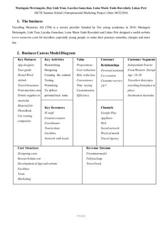 Mariagaia Metrangolo, Duy Linh Tran, Lacsika Ganeshan, Luiza Marie Endo Ravedutti, Lukas Petr
ISCTE Summer School | Entrepreneurial Marketing Project | Date: 08/22/2016
PAGE|2
1. The business
Travelling Memories AG (TM) is a service provider founded by five young academics in 2016: Mariagaia
Metrangolo, Linh Tran, Lacsika Ganeshan, Luiza Marie Endo Ravedutti and Lukas Petr designed a useful website
(www.tramorise.com) for travellers, especially young people, to make their journeys smoother, cheaper and more
fun.
2. Business Canvas ModelDiagram
Key Partners
App designer
Tour guide
Hostel Word
Airbnb
Travel Insurance
Print machine store
Drinks supplier in
Australia
Material for
PhotoBook
Car renting
companies
Key Activities
Researching
Designing
Creating the content
Testing
Promoting
To deliver
personalised routs
Value
Propositions
Cost reduction
Risk reduction
Convenience
Time saving
Customisation
Efficiency
Customer
Relationships
Personal assistant
Co-creation
Customer service
24/7
Customer Segments
Independent Tourist
FromWestern Europe
Age: 18-30
Travellers that enjoy
traveling fromplace to
place
Destination Australia
Key Resources
IT staff
Content creators
Coordinator
Tourist data
Facilities
Network with locals
Channels
Google Play
AppStore
Web
Social network
Word of mouth
Travel Agency
Cost Structure
Designing costs
Research data cost
Development of App and website
Facilities
Team
Marketing
Revenue Streams
Freemiummodel
Full package
Travel book
 