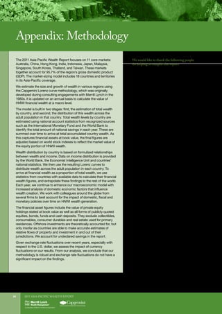 2011 Asia-Pacific WEALTH report34
We would like to thank the following people
for helping to compile this report:
William Sullivan, David Wilson,
Chirag Thakral, and Anuj Agarwal from
Capgemini, for their overall leadership for
this year’s report; Ashish Kanchan,
Rajendra Thakur, and Rishi Yadav for
researching, compiling, and writing the
findings, as well as providing in-depth market
analysis; members from the Capgemini
Wealth Management Practice, for their
insights and industry knowledge.
Additionally, Karen Schneider,
Marion Lecorbeiller, Martine Maître,
Matt Hebel, Sourav Mookherjee,
Sunoj Vazhapilly, and Erin Riemer for their
ongoing support globally.
Selena Morris, Chia Peck Wong, and
Sunny Wong from Merrill Lynch, who
provided direction, access, industry
perspective, and research to ensure
development of topical issues being addressed
in the financial services industry; Michael
Benz, Wilson So, Hak Bin Chua, Marcella
Chow, and other Merrill Lynch senior
executives, who provided expert advice on
industry trends.
We would also like to thank the hundreds
of Advisors and regional experts from
Capgemini, Merrill Lynch, and other
institutions who participated in surveys and
executive interviews to validate findings and
add depth to the analysis. We extend a special
thanks to those Firms that gave us insights
into events that are impacting the wealth
management industry on a global basis as
well as those that participated in this year’s
Advisor Survey. The following are among the
contributing firms that agreed to be named:
AL Wealth Partners PTE Ltd; CIMB
Investment Bank; Karvy Private Wealth;
Kotak Mahindra Bank Limited; Mirae Asset
Securities; Morgan Stanley Private Wealth
Management India.
The 2011 Asia-Pacific Wealth Report focuses on 11 core markets:
Australia, China, Hong Kong, India, Indonesia, Japan, Malaysia,
Singapore, South Korea, Thailand, and Taiwan. These markets
together account for 95.7% of the region’s gross domestic product
(GDP). The market-sizing model includes 18 countries and territories
in its Asia-Pacific coverage.
We estimate the size and growth of wealth in various regions using
the Capgemini Lorenz curve methodology, which was originally
developed during consulting engagements with Merrill Lynch in the
1980s. It is updated on an annual basis to calculate the value of
HNWI financial wealth at a macro level.
The model is built in two stages: first, the estimation of total wealth
by country, and second, the distribution of this wealth across the
adult population in that country. Total wealth levels by country are
estimated using national account statistics from recognized sources
such as the International Monetary Fund and the World Bank to
identify the total amount of national savings in each year. These are
summed over time to arrive at total accumulated country wealth. As
this captures financial assets at book value, the final figures are
adjusted based on world stock indexes to reflect the market value of
the equity portion of HNWI wealth.
Wealth distribution by country is based on formulized relationships
between wealth and income. Data on income distribution is provided
by the World Bank, the Economist Intelligence Unit and countries’
national statistics. We then use the resulting Lorenz curves to
distribute wealth across the adult population in each country. To
arrive at financial wealth as a proportion of total wealth, we use
statistics from countries with available data to calculate their financial
wealth figures, and extrapolate these findings to the rest of the world.
Each year, we continue to enhance our macroeconomic model with
increased analysis of domestic economic factors that influence
wealth creation. We work with colleagues around the globe from
several firms to best account for the impact of domestic, fiscal and
monetary policies over time on HNWI wealth generation.
The financial asset figures include the value of private equity
holdings stated at book value as well as all forms of publicly quoted
equities, bonds, funds and cash deposits. They exclude collectibles,
consumables, consumer durables and real estate used for primary
residences. Offshore investments are theoretically accounted for, but
only insofar as countries are able to make accurate estimates of
relative flows of property and investment in and out of their
jurisdictions. We account for undeclared savings in the report.
Given exchange rate fluctuations over recent years, especially with
respect to the U.S. dollar, we assess the impact of currency
fluctuations on our results. From our analysis, we conclude that our
methodology is robust and exchange rate fluctuations do not have a
significant impact on the findings.
Appendix: Methodology
 