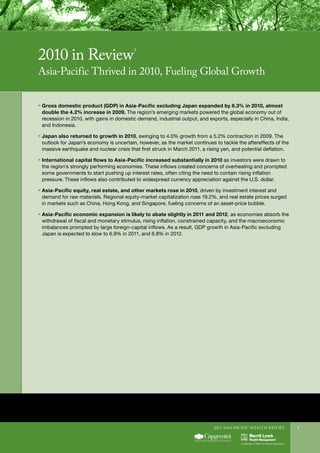 2011 Asia-Pacific WEALTH report 7
3	
Unless otherwise specified, all macroeconomic data and projections are based on Economist Intelligence Unit Regional and Country Reports from January, February, and March 2011.
ƒƒ Gross domestic product (GDP) in Asia-Pacific excluding Japan expanded by 8.3% in 2010, almost
double the 4.2% increase in 2009. The region’s emerging markets powered the global economy out of
recession in 2010, with gains in domestic demand, industrial output, and exports, especially in China, India,
and Indonesia.
ƒƒ Japan also returned to growth in 2010, swinging to 4.0% growth from a 5.2% contraction in 2009. The
outlook for Japan’s economy is uncertain, however, as the market continues to tackle the aftereffects of the
massive earthquake and nuclear crisis that first struck in March 2011, a rising yen, and potential deflation.
ƒƒ International capital flows to Asia-Pacific increased substantially in 2010 as investors were drawn to
the region’s strongly performing economies. These inflows created concerns of overheating and prompted
some governments to start pushing up interest rates, often citing the need to contain rising inflation
pressure. These inflows also contributed to widespread currency appreciation against the U.S. dollar.
ƒƒ Asia-Pacific equity, real estate, and other markets rose in 2010, driven by investment interest and
demand for raw materials. Regional equity-market capitalization rose 19.2%, and real estate prices surged
in markets such as China, Hong Kong, and Singapore, fueling concerns of an asset-price bubble.
ƒƒ Asia-Pacific economic expansion is likely to abate slightly in 2011 and 2012, as economies absorb the
withdrawal of fiscal and monetary stimulus, rising inflation, constrained capacity, and the macroeconomic
imbalances prompted by large foreign-capital inflows. As a result, GDP growth in Asia-Pacific excluding
Japan is expected to slow to 6.9% in 2011, and 6.8% in 2012.
2010 in Review
3
Asia-Pacific Thrived in 2010, Fueling Global Growth
 