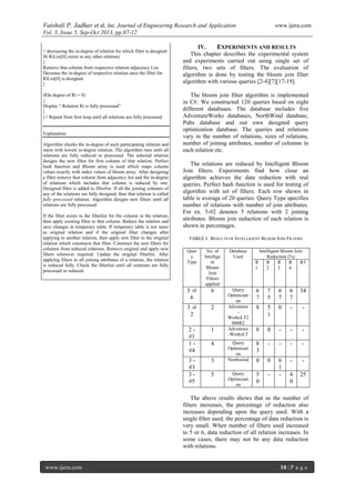 Vaishali P. Jadhav et al. Int. Journal of Engineering Research and Application www.ijera.com
Vol. 3, Issue 5, Sep-Oct 2013, pp.07-12
www.ijera.com 10 | P a g e
// decreasing the in-degree of relation for which filter is designed
If( RiList[0] exists in any other relation)
{
Remove that column from respective relation adjacency List
Decrease the in-degree of respective relation once the filter for
RiList[0] is designed.
}
if(In degree of Ri = 0)
{
Display “ Relation Ri is fully processed”
}
}// Repeat from first loop until all relations are fully processed
Explanation
Algorithm checks the in-degree of each participating relation and
starts with lowest in-degree relation. The algorithm runs until all
relations are fully reduced or processed. The selected relation
designs the new filter for first column of that relation. Perfect
hash function and Bloom array is used which maps column
values exactly with index values of bloom array. After designing
a filter remove that column from adjacency list and the in-degree
of relations which includes that column is reduced by one.
Designed filter is added to filterlist. If all the joining columns of
any of the relations are fully designed, then that relation is called
fully processed relation. Algorithm designs new filters until all
relations are fully processed.
If the filter exists in the filterlist for the column in the relation,
then apply existing filter to that column. Reduce the relation and
save changes in temporary table. If temporary table is not same
as original relation and if the original filter changes after
applying to another relation, then apply new filter to the original
relation which constructs that filter. Construct the new filters for
columns from reduced relations. Remove original and apply new
filters wherever required. Update the original filterlist. After
applying filters to all joining attributes of a relation, the relation
is reduced fully. Check the filterlist until all relations are fully
processed or reduced.
IV. EXPERIMENTS AND RESULTS
This chapter describes the experimental system
and experiments carried out using single set of
filters, two sets of filters. The evaluation of
algorithm is done by testing the bloom join filter
algorithm with various queries [2-4][7][17-19].
The bloom join filter algorithm is implemented
in C#. We constructed 120 queries based on eight
different databases. The database includes five
AdventureWorks databases, NorthWind database,
Pubs database and our own designed query
optimization database. The queries and relations
vary in the number of relations, sizes of relations,
number of joining attributes, number of columns in
each relation etc.
The relations are reduced by Intelligent Bloom
Join filters. Experiments find how close an
algorithm achieves the data reduction with real
queries. Perfect hash function is used for testing of
algorithm with set of filters. Each row shown in
table is average of 20 queries. Query Type specifies
number of relations with number of join attributes.
For ex. 5-#2 denotes 5 relations with 2 joining
attributes. Bloom join reduction of each relation is
shown in percentages.
TABLE I. RESULTS OF INTELLIGENT BLOOM JOIN FILTERS
The above results shows that as the number of
filters increases, the percentage of reduction also
increases depending upon the query used. With a
single filter used, the percentage of data reduction is
very small. When number of filters used increased
to 5 or 6, data reduction of all relation increases. In
some cases, there may not be any data reduction
with relations.
Quer
y
Type
No. of
Intellige
nt
Bloom
Join
Filters
applied
Database
Used
Intelligent Bloom Join
Reduction (%)
R
1
R
2
R
3
R
4
R5
5 -#
6
6 Query
Optimizati
on
6
7
7
5
6
7
6
7
34
3 -#
2
2 Adventure
-
WorksLT2
008R2
8 5
1
0 - -
2 -
#1
1 Adventure
-WorksLT
8 0 - - -
1 -
#4
4 Query
Optimizati
on
8
3
- - - -
3 -
#3
3 Northwind 0 0 6
1
- -
3 -
#5
5 Query
Optimizati
on
5
0
- - 4
0
25
 