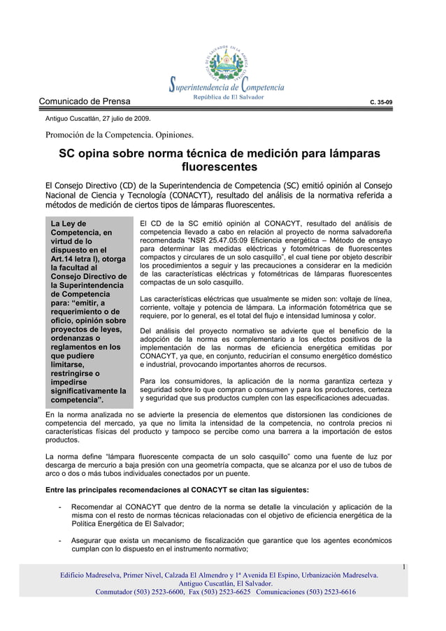 SC opina sobre norma técnica de medición de lámparas fluorescentes PDF