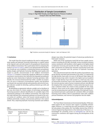 7. Conclusions
The results from this research emphasize the need to study ground-
water quality and hydraulic fracturing relationships in a spatial context
at the regional scale, and with respect to the geophysical characteristics
of the wellbore environment. This is particularly noted in comparing the
results in Sections 6.2 and 6.3, where it was demonstrated that the den-
sity of wells per area establishes a relationship between groundwater
quality changes and hydraulic fracturing. Modeling water quality with
respect to speciﬁc characterization of the wellbore environment
(Section 5.5) resulted in statistically signiﬁcant differences in median
constituent concentrations that indicated that degraded groundwater
quality has some relationship to hydraulic fracturing operations. Addi-
tionally, this research demonstrated that while a number of constitu-
ents can serve as indicators of groundwater quality, total beryllium
was found to be associated with gas well production and to be the stron-
gest indicator variable for detecting a pathway between gas wells and
groundwater.
By identifying an appropriate indicator variable such as beryllium in
this case, the results of a cluster analysis of well design and hydraulic
fracturing parameters allowed identiﬁcation of a possible origin of the
contaminant pathways in the wellbore environment. The results from
the study indicated that contaminant pathways are formed in the verti-
cal section of a wellbore, where the fracture extends parallel to the
wellbore potentially creating a microannular pathway in the cement
sheath. Thus, improving hydraulic fracturing treatment and wellbore
designs may reduce the potential impact of natural gas production on
fresh water resources.
While most of the constituents tested did not have sample concen-
trations exceeding the EPA MCL threshold, strong correlations between
various constituents with beryllium (which appears to be highly related
to hydraulic fracturing and exceeds the MCL) may indicate that the
other constituents do indeed have elevated concentration levels that
may also be associated with the presence of hydraulic fracturing
operations.
This study demonstrated that while the quality of groundwater may
not be directly associated with proximity to gas wells; it is impacted by
the high density of gas wells in an area. In the Barnett Shale region, the
highest density of gas wells is located in the highest pressure gradient
region. A high density of gas wells treated in a small area may cause
an intersection of pressure cones in the subsurface, possibly increasing
the reservoir pressure and/or fracture treatment pressure and affecting
the integrity of the vertical wellbore. To what extent that may be occur-
ring is unknown within the context of data available for this study.
However, future work on this subject should further investigate this
issue by incorporating more speciﬁc knowledge of the hydraulic fractur-
ing treatment pressures (particularly the cumulative effects of multiple
fracturing events within a mile of a groundwater water well), wellbore
pressure limitations, and reservoir rock properties into the model.
Acknowledgments
The Texas Water Commission on Environmental Quality (TCEQ) pro-
vided support for this research; their support is gratefully acknowl-
edged. However, it is noted that the work presented in the paper is
the sole product of the authors. Mr. Tom Holley, Interim Chair of the Pe-
troleum Engineering Department at the University of Houston is ac-
knowledged for providing access to DrillingInfo.com and for his
constructive comments and support during the development of the
research.
References
Barker, C., 1990. Calculated volume and pressure changes during the thermal cracking of
oil to gas in reservoirs (1). AAPG Bull. 74 (8), 1254–1261.
Fig. 7. Beryllium concentration boxplot for Subgroup 1 (right) and Subgroup 6 (left).
Table 3
Correlated constituent levels per data subgroup.
Subgroup
number
Number of Pearson
coefﬁcients above
0.5
Number of beryllium
Pearson
coefﬁcients above 0.5
1 18 0
2 73 6
3 23 2
4 228 11
125T.G. Burton et al. / Science of the Total Environment 545–546 (2016) 114–126
 