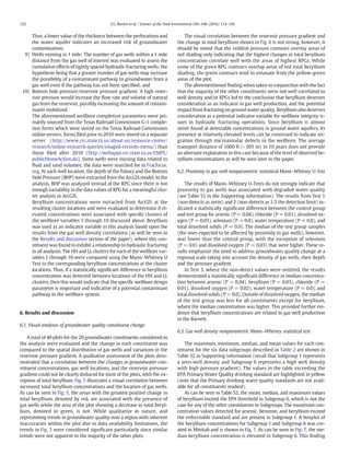 Thus, a lower value of the thickness between the perforations and
the water aquifer indicates an increased risk of groundwater
contamination;
9) Wells existing in 1 mile: The number of gas wells within a 1 mile
distance from the gas well of interest was evaluated to assess the
cumulative effects of tightly spaced hydraulic fracturing wells; the
hypothesis being that a greater number of gas wells may increase
the possibility of a contaminant pathway to groundwater from a
gas well even if the pathway has not been speciﬁed; and
10) Bottom hole pressure/reservoir pressure gradient: A high reser-
voir pressure would increase the ﬂow rate and volume of natural
gas from the reservoir, possibly increasing the amount of contam-
inants mobilized.
The aforementioned wellbore completion parameters were pri-
marily sourced from the Texas Railroad Commission G-1 comple-
tion forms which were stored on the Texas Railroad Commission
online servers; forms ﬁled prior to 2010 were stored on a separate
server (http://www.rrc.state.tx.us/about-us/resource-center/
research/online-research-queries/imaged-records-menu/) than
those ﬁled after 2010 (http://webapps.rrc.state.tx.us/CMPL/
publicHomeAction.do). Some wells were missing data related to
ﬂuid and sand volumes; the data were searched for in Fracfocus.
org. At each well location, the depth of the Paluxy and the Bottom
Hole Pressure (BHP) were extracted from the ArcGIS model. In the
analysis, BHP was analyzed instead of the RPG since there is not
enough variability in the data values of RPG for a meaningful clus-
ter analysis in ArcGIS.
Beryllium concentrations were extracted from ArcGIS at the
resulting cluster locations and were evaluated to determine if el-
evated concentrations were associated with speciﬁc clusters of
the wellbore variables 1 through 10 discussed above. Beryllium
was used as an indicator variable in this analysis based upon the
results from the gas well density correlations (as will be seen in
the Results and discussion section of the paper), where this con-
stituent was found to exhibit a relationship to hydraulic fracturing
in all analyses. The HH and LL clusters for each of the wellbore var-
iables 1 through 10 were compared using the Mann–Whitney U
Test to the corresponding beryllium concentrations at the cluster
locations. Thus, if a statistically signiﬁcant difference in beryllium
concentration was detected between locations of the HH and LL
clusters, then this would indicate that the speciﬁc wellbore design
parameter is important and indicative of a potential contaminant
pathway in the wellbore system.
6. Results and discussion
6.1. Visual analyses of groundwater quality constituent change
A total of 40 plots for the 20 groundwater constituents considered in
the analysis were evaluated and the change in each constituent was
compared to the spatial distribution of gas wells and variations in the
reservoir pressure gradient. A qualitative assessment of the plots dem-
onstrated that a correlation between the changes in groundwater con-
stituent concentrations, gas well locations, and the reservoir pressure
gradient could not be clearly deduced for most of the plots, with the ex-
ception of total beryllium. Fig. 5 illustrates a visual correlation between
increased total beryllium concentrations and the location of gas wells.
As can be seen in Fig. 5, the areas with the greatest positive change in
total beryllium, denoted by red, are associated with the presence of
gas wells while the area of the plot showing a decrease in total beryl-
lium, denoted in green, is not. While qualitative in nature, and
representing trends in groundwater quality over a region with inherent
inaccuracies within the plot due to data availability limitations, the
trends in Fig. 5 were considered signiﬁcant particularly since similar
trends were not apparent in the majority of the other plots.
The visual correlation between the reservoir pressure gradient and
the change in total beryllium shown in Fig. 6 is not strong, however, it
should be noted that the reddish pressure contours overlay areas of
red shading only indicating that the highest changes in total beryllium
concentration correlate well with the areas of highest RPGs. While
some of the green RPG contours overlap areas of red total beryllium
shading, the green contours tend to emanate from the yellow-green
areas of the plot.
The aforementioned ﬁnding when taken in conjunction with the fact
that the majority of the other constituents were not well correlated to
well density and/or RPGs led to the conclusion that beryllium deserves
consideration as an indicator in gas well production, and the potential
impact from fracturing on ground water quality. Beryllium also deserves
consideration as a potential indicator variable for wellbore integrity is-
sues in hydraulic fracturing operations. Since beryllium is almost
never found at detectable concentrations in ground water aquifers, its
presence at relatively elevated levels can be construed to indicate mi-
gration through microannular defects in the wellbore. The average
transport distance of 1000 ft (~305 m) in 10 years does not provide
an alternate explanation in this case because of the level of observed be-
ryllium concentrations as will be seen later in the paper.
6.2. Proximity to gas well nonparametric statistical Mann–Whitney U-Test
The results of Mann–Whitney U-Tests do not strongly indicate that
proximity to gas wells was associated with degraded water quality
(see Table S1 in the Supporting information). The results from Test 1
(non-detects as zeros) and 2 (non-detects as 1/2 the detection limit) in-
dicated a statistically signiﬁcant difference between the control group
and test group for arsenic (P = 0.04), chloride (P = 0.01), dissolved ox-
ygen (P = 0.03), selenium (P = 0.0), water temperature (P = 0.0), and
total dissolved solids (P = 0.0). The median of the test group samples
(the ones expected to be affected by proximity to gas wells), however,
was lower than the control group, with the exception of selenium
(P = 0.0) and dissolved oxygen (P = 0.03) that were higher. These re-
sults emphasize the need to address groundwater quality change at a
regional scale taking into account the density of gas wells, their depth
and the pressure gradient.
In Test 3, where the non-detect values were omitted, the results
demonstrated a statistically signiﬁcant difference in median concentra-
tion between arsenic (P = 0.04), beryllium (P = 0.03), chloride (P =
0.01), dissolved oxygen (P = 0.02), water temperature (P = 0.0), and
total dissolved solids (P = 0.0). Outside of dissolved oxygen, the median
of the test group was less for all constituents except for beryllium,
where the median concentration was higher. This provided further evi-
dence that beryllium concentrations are related to gas well production
in the Barnett.
6.3. Gas well density nonparametric Mann–Whitney statistical test
The maximum, minimum, median, and mean values for each con-
stituent for the six data subgroups described in Table 2 are shown in
Table S2 in Supporting information (recall that Subgroup 1 represents
a zero-well density and Subgroup 6 represents a high well density
with high pressure gradient). The values in the table exceeding the
EPA Primary Water Quality drinking standard are highlighted in yellow
(note that the Primary drinking water quality standards are not avail-
able for all constituents studied).
As can be seen in Table S2, the mean, median, and maximum values
of beryllium exceed the EPA threshold in Subgroup 6, which is not the
case for any of the other constituents or Subgroups. The maximum con-
centration values detected for arsenic, benzene, and beryllium exceed
the enforceable standard and are present in Subgroup 1. A boxplot of
the beryllium concentrations for Subgroup 1 and Subgroup 6 was cre-
ated in Minitab and is shown in Fig. 7. As can be seen in Fig. 7, the me-
dian beryllium concentration is elevated in Subgroup 6. This ﬁnding
122 T.G. Burton et al. / Science of the Total Environment 545–546 (2016) 114–126
 