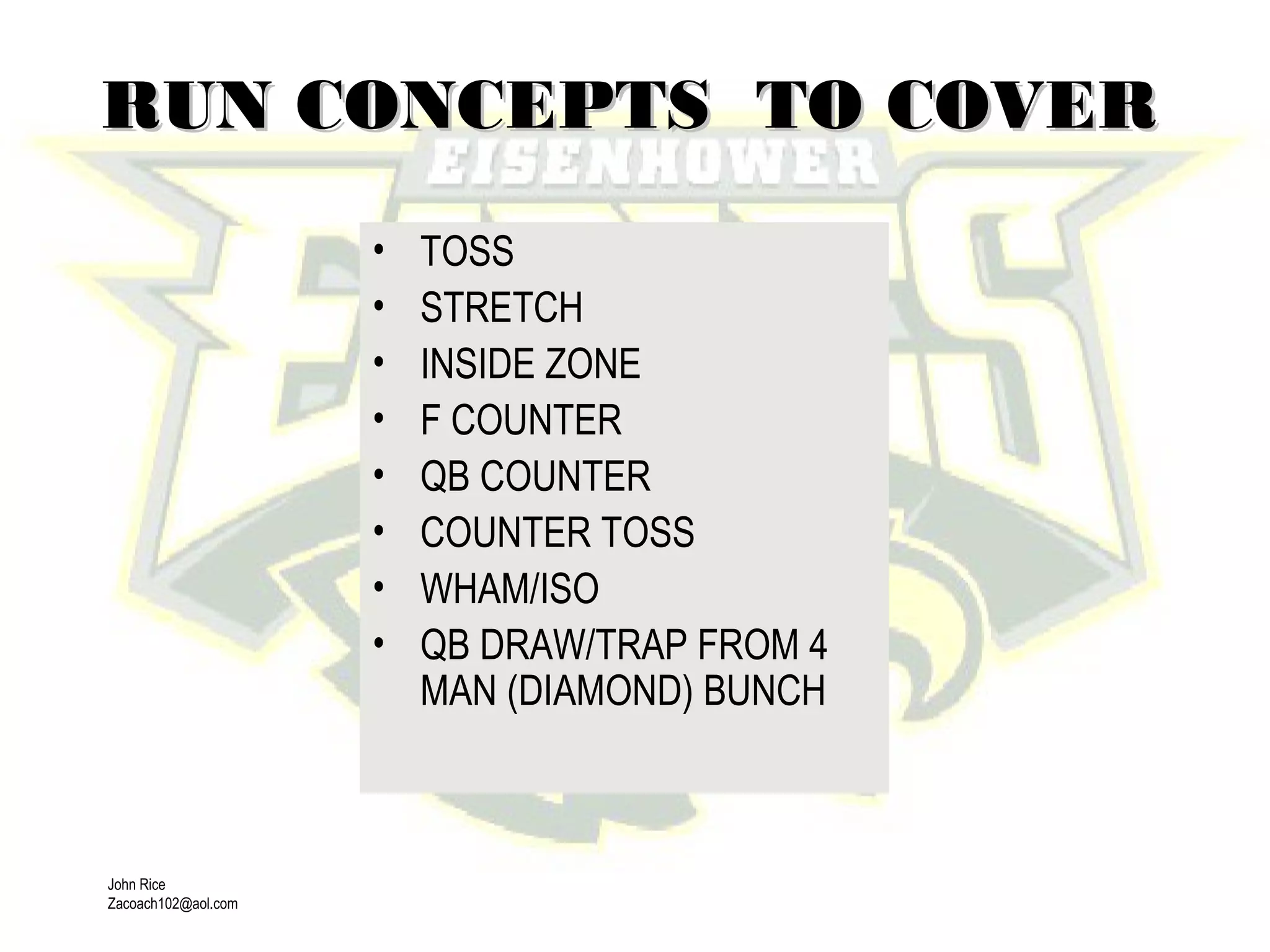 John Rice
Zacoach102@aol.com
• TOSS
• STRETCH
• INSIDE ZONE
• F COUNTER
• QB COUNTER
• COUNTER TOSS
• WHAM/ISO
• QB DRAW/TRAP FROM 4
MAN (DIAMOND) BUNCH
RUN CONCEPTS TO COVERRUN CONCEPTS TO COVER
 