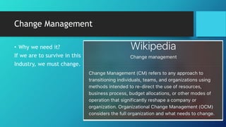 Change Management
• Why we need it?
If we are to survive in this
Industry, we must change.
 