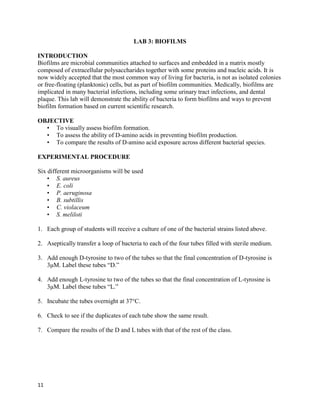 11
LAB 3: BIOFILMS
INTRODUCTION
Biofilms are microbial communities attached to surfaces and embedded in a matrix mostly
composed of extracellular polysaccharides together with some proteins and nucleic acids. It is
now widely accepted that the most common way of living for bacteria, is not as isolated colonies
or free-floating (planktonic) cells, but as part of biofilm communities. Medically, biofilms are
implicated in many bacterial infections, including some urinary tract infections, and dental
plaque. This lab will demonstrate the ability of bacteria to form biofilms and ways to prevent
biofilm formation based on current scientific research.
OBJECTIVE
• To visually assess biofilm formation.
• To assess the ability of D-amino acids in preventing biofilm production.
• To compare the results of D-amino acid exposure across different bacterial species.
EXPERIMENTAL PROCEDURE
Six different microorganisms will be used
• S. aureus
• E. coli
• P. aeruginosa
• B. subtillis
• C. violaceum
• S. meliloti
1. Each group of students will receive a culture of one of the bacterial strains listed above.
2. Aseptically transfer a loop of bacteria to each of the four tubes filled with sterile medium.
3. Add enough D-tyrosine to two of the tubes so that the final concentration of D-tyrosine is
3μM. Label these tubes “D.”
4. Add enough L-tyrosine to two of the tubes so that the final concentration of L-tyrosine is
3μM. Label these tubes “L.”
5. Incubate the tubes overnight at 37°C.
6. Check to see if the duplicates of each tube show the same result.
7. Compare the results of the D and L tubes with that of the rest of the class.
 
