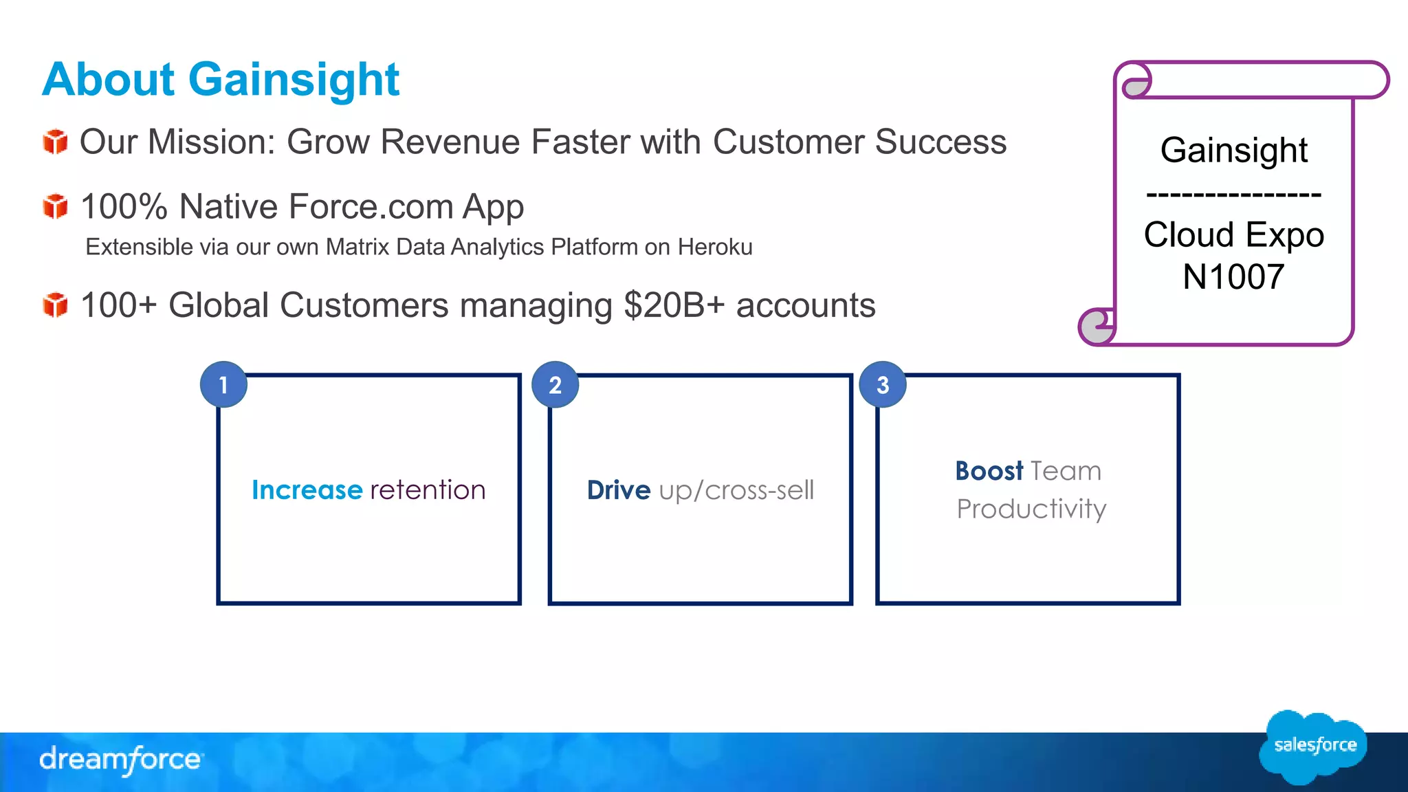 About Gainsight
Our Mission: Grow Revenue Faster with Customer Success
100% Native Force.com App
Extensible via our own Matrix Data Analytics Platform on Heroku
100+ Global Customers managing $20B+ accounts
Increase retention
1
Drive up/cross-sell
2
Boost Team
Productivity
3
Gainsight
---------------
Cloud Expo
N1007
 