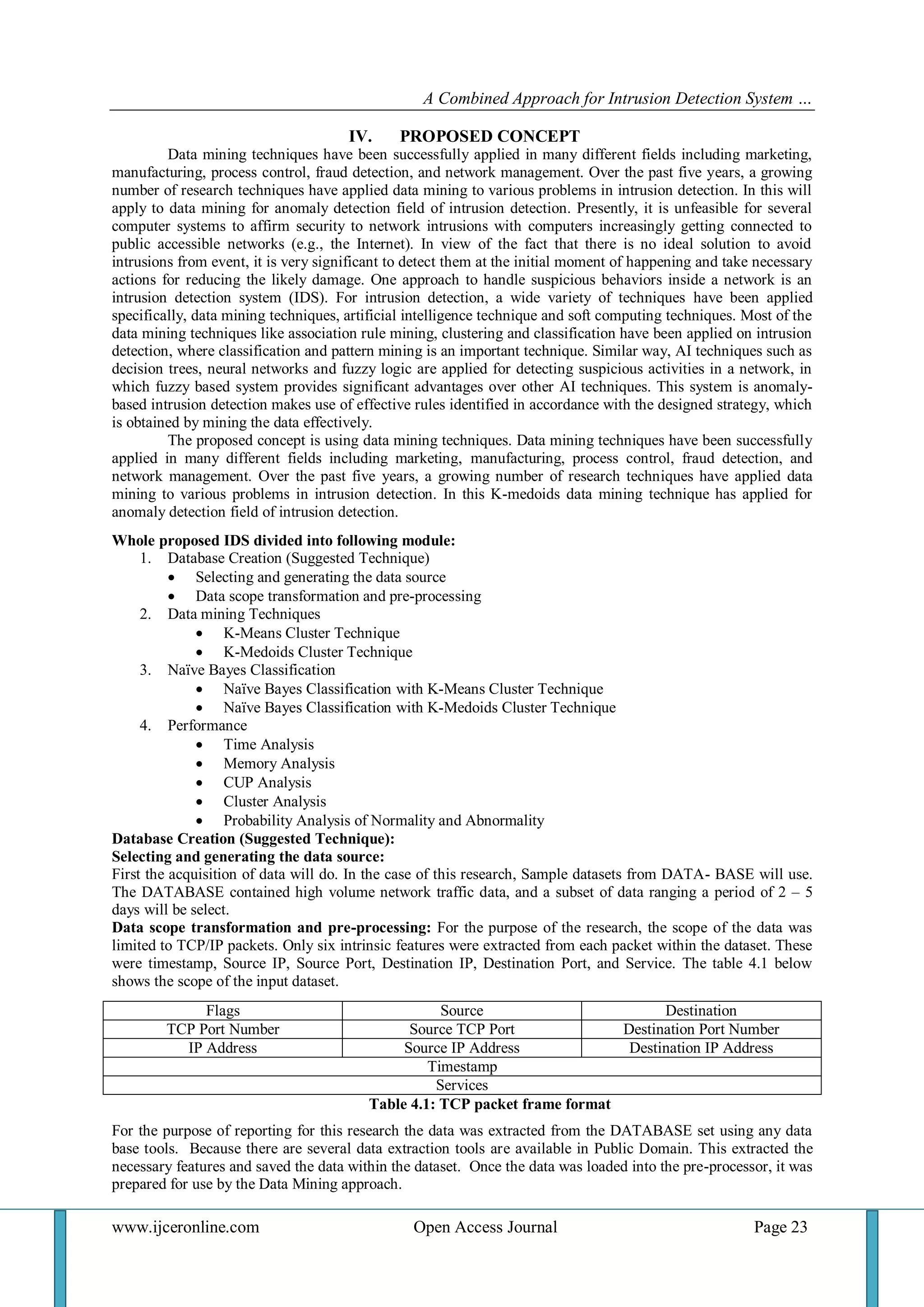 A Combined Approach for Intrusion Detection System …
www.ijceronline.com Open Access Journal Page 23
IV. PROPOSED CONCEPT
Data mining techniques have been successfully applied in many different fields including marketing,
manufacturing, process control, fraud detection, and network management. Over the past five years, a growing
number of research techniques have applied data mining to various problems in intrusion detection. In this will
apply to data mining for anomaly detection field of intrusion detection. Presently, it is unfeasible for several
computer systems to affirm security to network intrusions with computers increasingly getting connected to
public accessible networks (e.g., the Internet). In view of the fact that there is no ideal solution to avoid
intrusions from event, it is very significant to detect them at the initial moment of happening and take necessary
actions for reducing the likely damage. One approach to handle suspicious behaviors inside a network is an
intrusion detection system (IDS). For intrusion detection, a wide variety of techniques have been applied
specifically, data mining techniques, artificial intelligence technique and soft computing techniques. Most of the
data mining techniques like association rule mining, clustering and classification have been applied on intrusion
detection, where classification and pattern mining is an important technique. Similar way, AI techniques such as
decision trees, neural networks and fuzzy logic are applied for detecting suspicious activities in a network, in
which fuzzy based system provides significant advantages over other AI techniques. This system is anomaly-
based intrusion detection makes use of effective rules identified in accordance with the designed strategy, which
is obtained by mining the data effectively.
The proposed concept is using data mining techniques. Data mining techniques have been successfully
applied in many different fields including marketing, manufacturing, process control, fraud detection, and
network management. Over the past five years, a growing number of research techniques have applied data
mining to various problems in intrusion detection. In this K-medoids data mining technique has applied for
anomaly detection field of intrusion detection.
Whole proposed IDS divided into following module:
1. Database Creation (Suggested Technique)
 Selecting and generating the data source
 Data scope transformation and pre-processing
2. Data mining Techniques
 K-Means Cluster Technique
 K-Medoids Cluster Technique
3. Naïve Bayes Classification
 Naïve Bayes Classification with K-Means Cluster Technique
 Naïve Bayes Classification with K-Medoids Cluster Technique
4. Performance
 Time Analysis
 Memory Analysis
 CUP Analysis
 Cluster Analysis
 Probability Analysis of Normality and Abnormality
Database Creation (Suggested Technique):
Selecting and generating the data source:
First the acquisition of data will do. In the case of this research, Sample datasets from DATA- BASE will use.
The DATABASE contained high volume network traffic data, and a subset of data ranging a period of 2 – 5
days will be select.
Data scope transformation and pre-processing: For the purpose of the research, the scope of the data was
limited to TCP/IP packets. Only six intrinsic features were extracted from each packet within the dataset. These
were timestamp, Source IP, Source Port, Destination IP, Destination Port, and Service. The table 4.1 below
shows the scope of the input dataset.
Flags Source Destination
TCP Port Number Source TCP Port Destination Port Number
IP Address Source IP Address Destination IP Address
Timestamp
Services
Table 4.1: TCP packet frame format
For the purpose of reporting for this research the data was extracted from the DATABASE set using any data
base tools. Because there are several data extraction tools are available in Public Domain. This extracted the
necessary features and saved the data within the dataset. Once the data was loaded into the pre-processor, it was
prepared for use by the Data Mining approach.
 