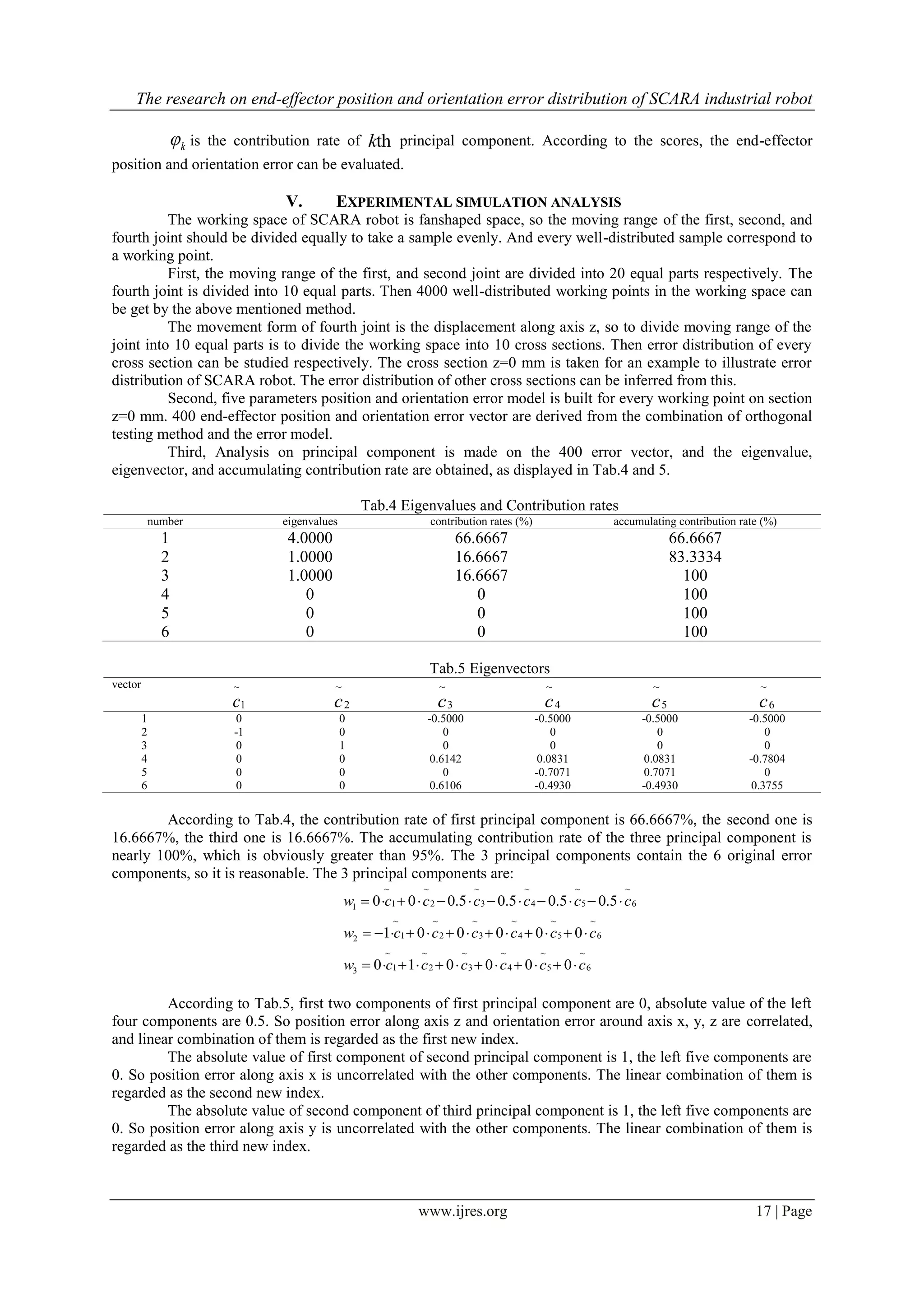 The research on end-effector position and orientation error distribution of SCARA industrial robot
www.ijres.org 17 | Page
k is the contribution rate of thk principal component. According to the scores, the end-effector
position and orientation error can be evaluated.
V. EXPERIMENTAL SIMULATION ANALYSIS
The working space of SCARA robot is fanshaped space, so the moving range of the first, second, and
fourth joint should be divided equally to take a sample evenly. And every well-distributed sample correspond to
a working point.
First, the moving range of the first, and second joint are divided into 20 equal parts respectively. The
fourth joint is divided into 10 equal parts. Then 4000 well-distributed working points in the working space can
be get by the above mentioned method.
The movement form of fourth joint is the displacement along axis z, so to divide moving range of the
joint into 10 equal parts is to divide the working space into 10 cross sections. Then error distribution of every
cross section can be studied respectively. The cross section z=0 mm is taken for an example to illustrate error
distribution of SCARA robot. The error distribution of other cross sections can be inferred from this.
Second, five parameters position and orientation error model is built for every working point on section
z=0 mm. 400 end-effector position and orientation error vector are derived from the combination of orthogonal
testing method and the error model.
Third, Analysis on principal component is made on the 400 error vector, and the eigenvalue,
eigenvector, and accumulating contribution rate are obtained, as displayed in Tab.4 and 5.
Tab.4 Eigenvalues and Contribution rates
number eigenvalues contribution rates (%) accumulating contribution rate (%)
1 4.0000 66.6667 66.6667
2 1.0000 16.6667 83.3334
3 1.0000 16.6667 100
4 0 0 100
5 0 0 100
6 0 0 100
Tab.5 Eigenvectors
vector ~
1c
~
2c
~
3c
~
4c
~
5c
~
6c
1 0 0 -0.5000 -0.5000 -0.5000 -0.5000
2 -1 0 0 0 0 0
3 0 1 0 0 0 0
4 0 0 0.6142 0.0831 0.0831 -0.7804
5 0 0 0 -0.7071 0.7071 0
6 0 0 0.6106 -0.4930 -0.4930 0.3755
According to Tab.4, the contribution rate of first principal component is 66.6667%, the second one is
16.6667%, the third one is 16.6667%. The accumulating contribution rate of the three principal component is
nearly 100%, which is obviously greater than 95%. The 3 principal components contain the 6 original error
components, so it is reasonable. The 3 principal components are:
~ ~ ~ ~ ~ ~
1 2 3 4 5 61
~ ~ ~ ~ ~ ~
1 2 3 4 5 62
~ ~ ~ ~ ~ ~
1 2 3 4 5 63
0 0 0.5 0.5 0.5 0.5
1 0 0 0 0 0
0 1 0 0 0 0
w c c c c c c
w c c c c c c
w c c c c c c
           
            
           
According to Tab.5, first two components of first principal component are 0, absolute value of the left
four components are 0.5. So position error along axis z and orientation error around axis x, y, z are correlated,
and linear combination of them is regarded as the first new index.
The absolute value of first component of second principal component is 1, the left five components are
0. So position error along axis x is uncorrelated with the other components. The linear combination of them is
regarded as the second new index.
The absolute value of second component of third principal component is 1, the left five components are
0. So position error along axis y is uncorrelated with the other components. The linear combination of them is
regarded as the third new index.
 