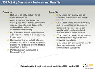 c360 Activity Summary – Features and Benefits Features Roll-up of  all  CRM activity for all CRM record types Attachment Indicator/Launcher: Quickly see which Activity and Notes records have attached documents and quickly launch those attachments for viewing My Summary: See all open activities with customer name in a single, easy to use view User customizable: Individual users can customize the summary pages to display the fields and records that are important to them Print and export summaries to Microsoft Excel Benefits CRM users can quickly see all customer interactions on a single screen CRM users spend less time locating and viewing attached documents Sales and Telesales users can quickly call through scheduled activities from a single location CRM users can more quickly see the data that is most helpful for their individual roles/tasks CRM users can take summaries with them to meetings or email summaries to colleagues 