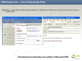 c360 Email Link – Core Productivity Pack Email Link –  Increase Microsoft CRM usage and adoption by collaborating on CRM records.  With one click users can send links to CRM records. 