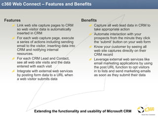 c360 Web Connect – Features and Benefits Features Link web site capture pages to CRM so web visitor data is automatically inserted in CRM For each web capture page, execute a series of actions including sending email to the visitor, inserting data into CRM and notifying internal resources.  For each CRM Lead and Contact, see all web site visits and the data entered with each visit Integrate with external web services by posting form data to a URL when a web visitor submits data Benefits Capture all web lead data in CRM to take appropriate action Automate interaction with your prospects from the minute they click the ‘submit’ button on your web form Know your customer by seeing all web site captures directly on their CRM record Leverage external web services like email marketing applications by using the post URL function to opt visitors in to lists and send marketing emails as soon as they submit their data  