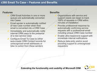c360 Email To Case – Features and Benefits Features CRM Email Activities in one or more queues are automatically converted into Cases Email sender is automatically notified of new Case number when their email is converted into a CRM Case Immediately and automatically notify internal CRM users to the presence of a new service Case Configure Email To Case to either auto-create CRM Contact records for unrecognized email addresses or take no action from these senders Benefits Organizations with service and support needs can begin to track 100% of requests in CRM within minutes of installation Provide professional response by automatically confirming service requests with a professional email including unique CRM Case number Enable ultra-responsive support with immediate internal notifications Reduce data entry and/or avoid providing support to unrecognized requestors 