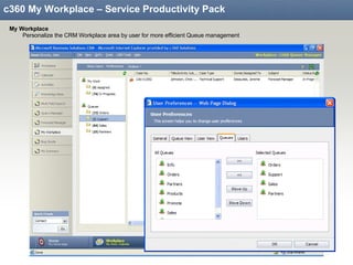 c360 My Workplace – Service Productivity Pack My Workplace Personalize the CRM Workplace area by user for more efficient Queue management 