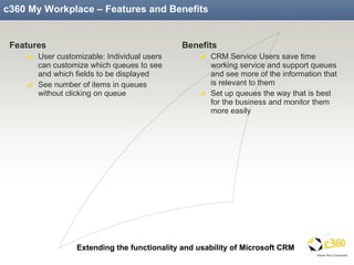 c360 My Workplace – Features and Benefits Features User customizable: Individual users can customize which queues to see and which fields to be displayed See number of items in queues without clicking on queue  Benefits CRM Service Users save time working service and support queues and see more of the information that is relevant to them Set up queues the way that is best for the business and monitor them more easily 