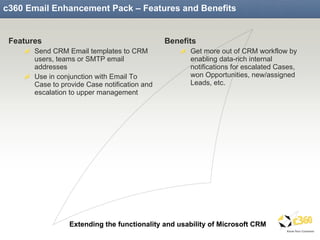 c360 Email Enhancement Pack – Features and Benefits Features Send CRM Email templates to CRM users, teams or SMTP email addresses Use in conjunction with Email To Case to provide Case notification and escalation to upper management Benefits Get more out of CRM workflow by enabling data-rich internal notifications for escalated Cases, won Opportunities, new/assigned Leads, etc. 