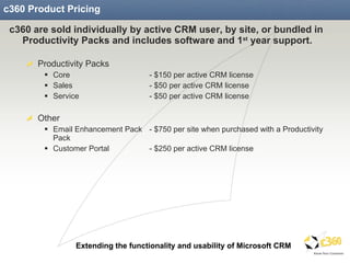 c360 Product Pricing c360 are sold individually by active CRM user, by site, or bundled in Productivity Packs and includes software and 1 st  year support. Productivity Packs Core  - $150 per active CRM license Sales  - $50 per active CRM license Service  - $50 per active CRM license Other Email Enhancement Pack - $750 per site when purchased with a Productivity Pack Customer Portal - $250 per active CRM license 